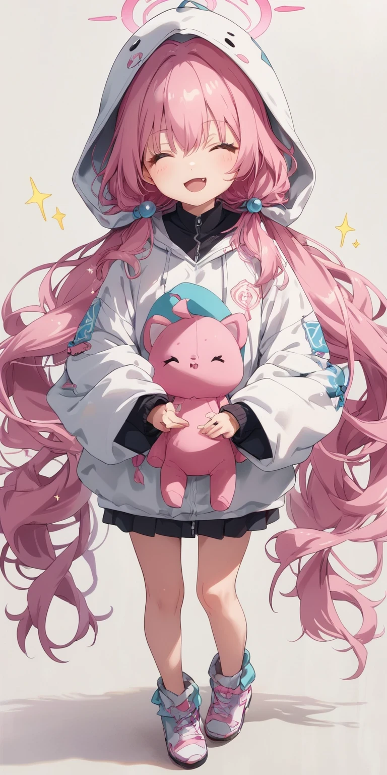 score_9,score_8_up,score_7_up,1girl,hoshino (blue archive),fang,pink hair,solo,twintails,hood,ahoge,long hair,chibi,halo,low twintails,closed eyes,hair ornament,bangs,blush,smile,standing,full body,very long hair,open mouth,facing viewer,hair bobbles,hoodie,stuffed toy,long sleeves,hood up,stuffed animal,:d,skin fang,hair between eyes,white hoodie,holding,simple background,=_=,sparkle,sleeves past fingers,animal hood,