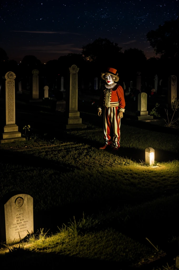 Clown in old cemetery at night 