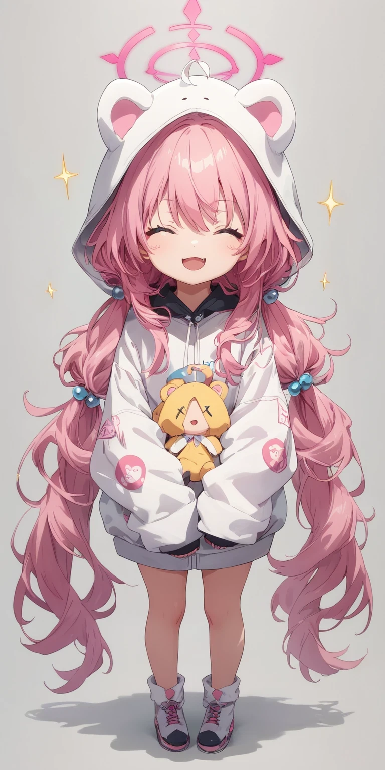 score_9,score_8_up,score_7_up,1girl,hoshino (blue archive),fang,pink hair,solo,twintails,hood,ahoge,long hair,chibi,halo,low twintails,closed eyes,hair ornament,bangs,blush,smile,standing,full body,very long hair,open mouth,facing viewer,hair bobbles,hoodie,stuffed toy,long sleeves,hood up,stuffed animal,:d,skin fang,hair between eyes,white hoodie,holding,simple background,=_=,sparkle,sleeves past fingers,animal hood,