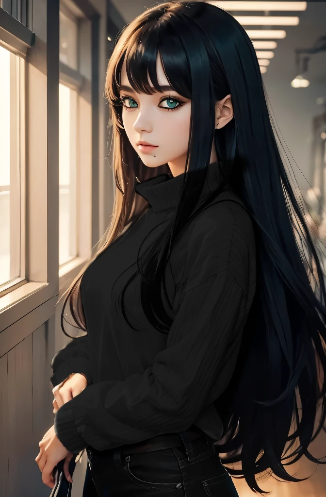work of art、maximum quality、high resolution、high-quality images、8K,Very green beautiful eyes, black eyeliner around the eyes, clothes with good texture, good quality clothes