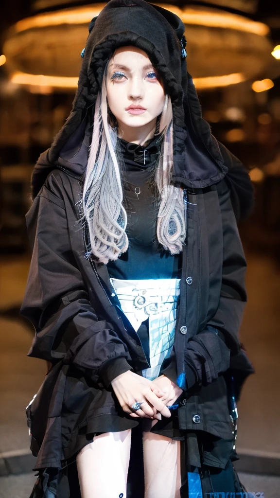 full body, 1 young girl, shiny silver hair, blue eyes, a blue luminous eyes, Black Fabric, gray brown fabric, Clothes in cool tones of purple and black., Wear a black hooded hat, black steel, handsome, 15 year old , wearing a black uniform, orange eyeliner, light energy, Fighting posture, Look at the psycho in his face., Post-war scene