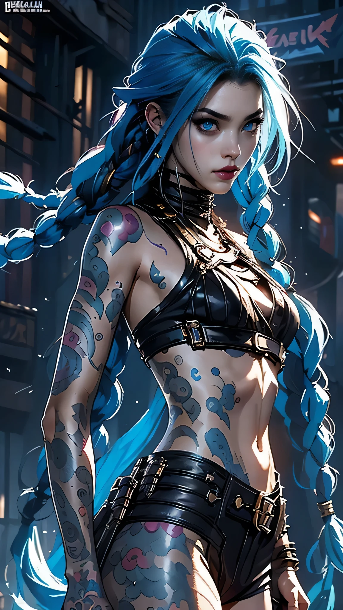 (((of the highest quality: 1.4))),(incomparable masterpiece ever), (ultra high definition),(Ultra-realistic 8k CG), Official Art、
(((adult body))), (((1 girl in))),
jinx arcane, uma mulher com hair blue e tatuagens, cyberpunk woman anime woman, pants, Beautiful angry cyberpunk goddess, cyberpunk artstyle, cyberpunk anime digital art, cyberpunk anime art,
Arcane Jinx Retrato, cyberpunk anime art, cyberpunk themed art, cyberpunk dark fantasy, arcane style,
1 girl, stars tattoo on arm, asymmetrical bangs, bangss, hair blue, blue braids, brown shirt, stars tattoo, front on, crazy smile, hair blue, long hair, pink eyes, Red lips, standing , cloud tattoo, Twin braids. Arcane Jinx. Garota de hair blue, garota de Twin braids, Jinx in a burning place, spark, spheres of light, Film Poster, Jinx, Arcane\(league of legends\
carrying a large hammer weapon