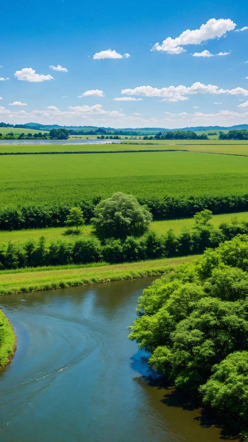 river、countryside、blue sky、Style