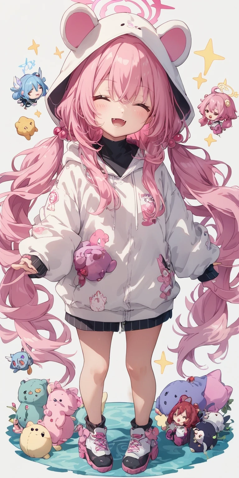 score_9,score_8_up,score_7_up,1girl,hoshino (blue archive),fang,pink hair,solo,twintails,hood,ahoge,long hair,chibi,halo,low twintails,closed eyes,hair ornament,bangs,blush,smile,standing,full body,very long hair,open mouth,facing viewer,hair bobbles,hoodie,stuffed toy,long sleeves,hood up,stuffed animal,:d,skin fang,hair between eyes,white hoodie,holding,simple background,=_=,sparkle,sleeves past fingers,animal hood,