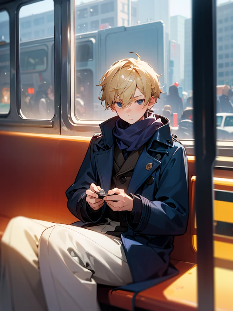 A boy sitting on a subway bench, with blonde hair, wearing a navy blue overcoat, wearing a scarf, and outside the window it&#39;s snowing