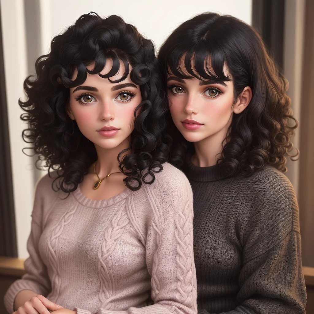 a close up of a doll with a curly hair and a sweater, a pastel inspired by David Gilmour Blythe, tumblr, fine art, curly black hair | d & d, short curly black haired girl, curly black, black curly hair, long fluffy curly black hair, long fluffy black curly hair, pale skin curly black hair, curly black hair