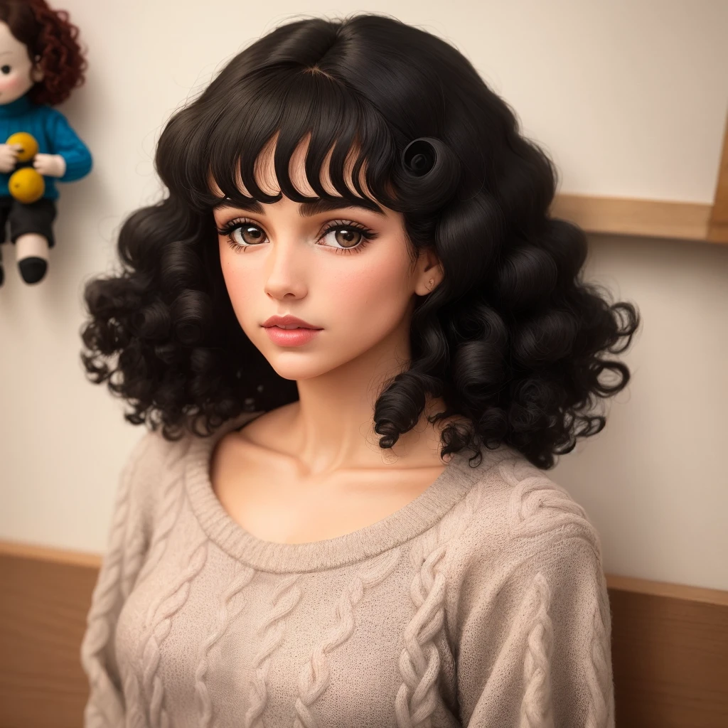 a close up of a doll with a curly hair and a sweater, a pastel inspired by David Gilmour Blythe, tumblr, fine art, curly black hair | d & d, short curly black haired girl, curly black, black curly hair, long fluffy curly black hair, long fluffy black curly hair, pale skin curly black hair, curly black hair