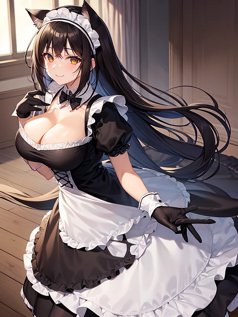 woman,Bob Hair,smile,Large Breasts,Maid clothes,Short sleeve,I can see the valley.Cute black gloves,Cat ears headband,Wear tights,Dark brown hair,Large Breasts,maid Cafe