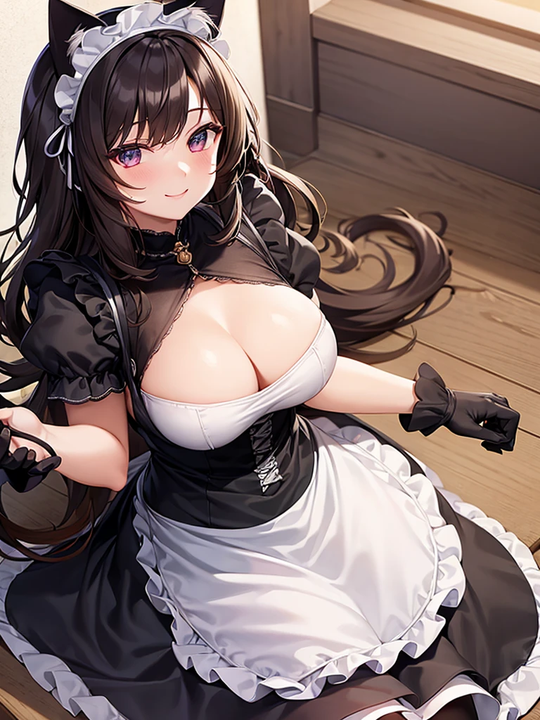 woman,Bob Hair,smile,Large Breasts,Maid clothes,Short sleeve,I can see the valley.Cute black gloves,Cat ears headband,Wear tights,Dark brown hair,Large Breasts,maid Cafe
