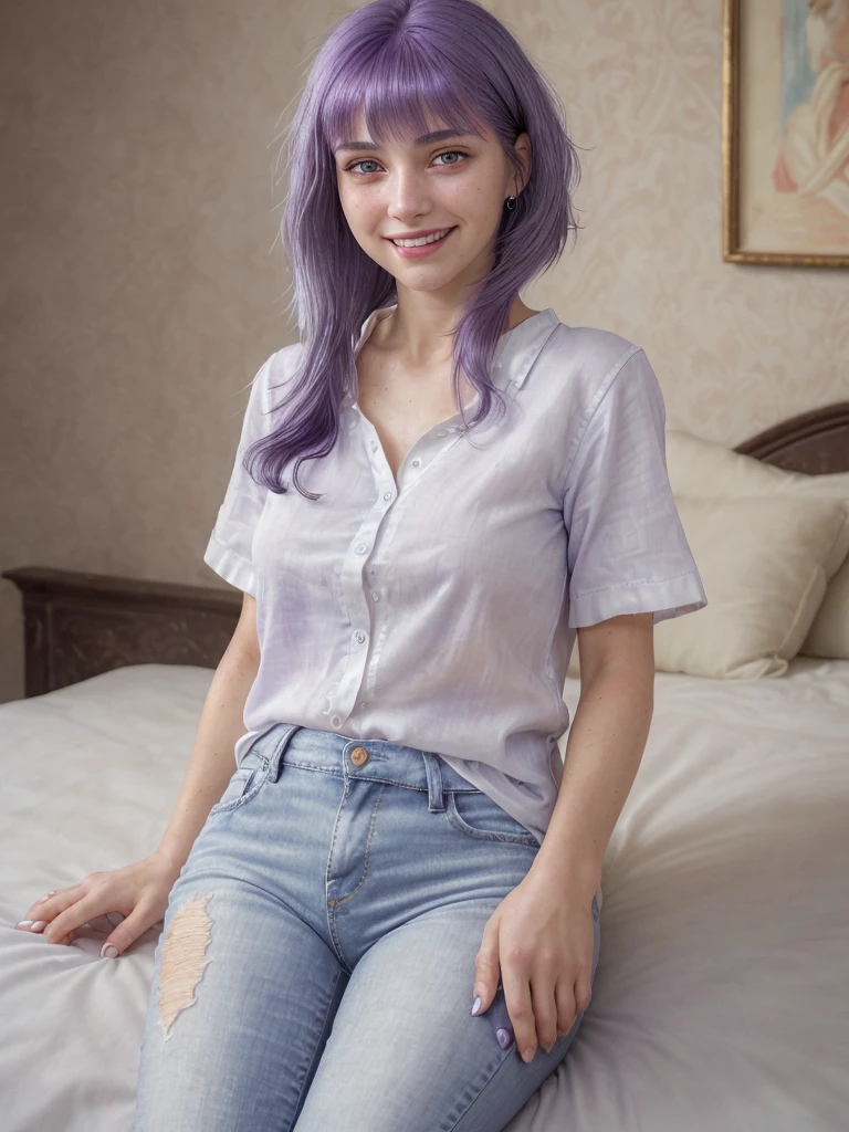 (realistic:1.1), (photorealistic:1.1), (masterpiece:1.1), (best quality:1.1), RAW photo, highres, ultra detailed, High detail RAW color photo, professional photograph, masterpiece, best quality, realistic, real skin, 1girl, low_key, solo, lighting, long black hair, full body, lying on bed, in a well-lit room, beautiful detailed eyes, (detailed face:1.2), extremely beautiful face, beautiful young woman, wearing white short-sleeve blouse and light blue jeans, relaxed atmosphere, comfortable setting, (smiling:1.2), (purple hair:1.2), lora:add_detail:1