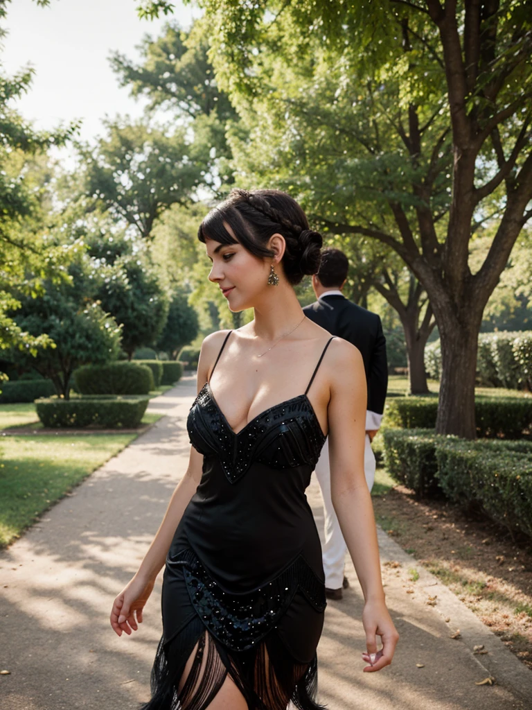 generated a 21 years old young white woman with dark brown hair, upsidedown french twist hairstyle, medium size chest, she is 5feet 5 height, she wear a 1920 black tassel sequione flapper dress, adorned with sequins-themed event on Governors Island, she walk with a boyfriend around where attendees are dress in period attire and enjoy live jazz music, dancing, chapiteaux in the background