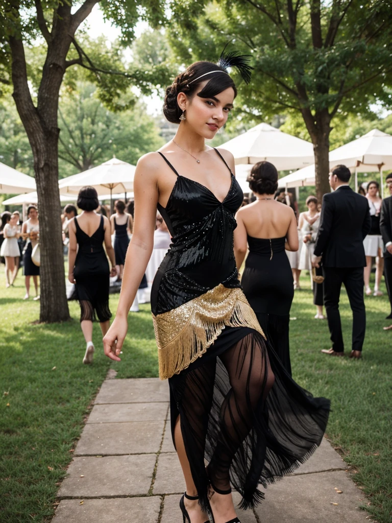 generated a 21 years old young white woman with dark brown hair, upsidedown french twist hairstyle, medium size chest, she is 5feet 5 height, she wear a 1920 black tassel sequione flapper dress, adorned with sequins-themed event on Governors Island, she walk with a boyfriend around where attendees are dress in period attire and enjoy live jazz music, dancing, chapiteaux in the background