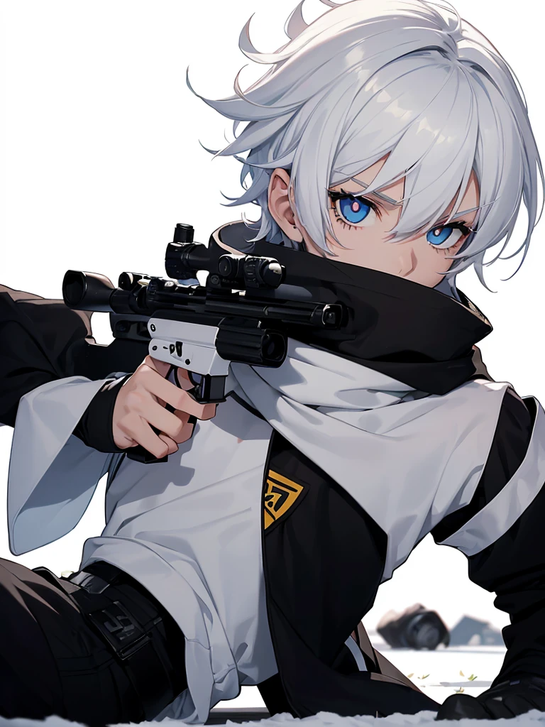 Boy with white hair;
shorth hair;
Messy hair;
eye white;
Some gun sight marks on the pupils;
wear black pants;
black jersey;
A white sweater;
A white scarf;
Snow white pupils The sniper is also white in color There's a white sniper on the back;
He is lying on the ground aiming with the sniper Right hands Symmetry Best quality No errors
Sniper na mão
((Faça ele segurar uma sniper branca simétrica sem erros e a mão segurando corretamente))
((Arma um pouco maior que o corpo))