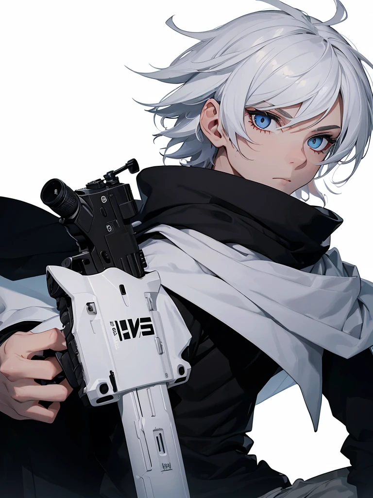 Boy with white hair;
shorth hair;
Messy hair;
eye white;
Some gun sight marks on the pupils;
wear black pants;
black jersey;
A white sweater;
A white scarf;
Snow white pupils The sniper is also white in color There&#39;s a white sniper on the back;


He is lying on the ground aiming with the sniper Right hands Symmetry Best quality No errors 

Sniper na mão 


((Faça ele segurar uma sniper branca simétrica sem erros e a mão segurando corretamente))


((Arma um pouco maior que o corpo))