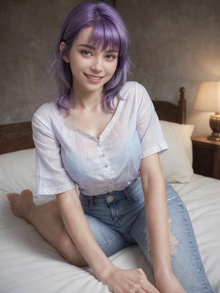 (realistic:1.1), (photorealistic:1.1), (masterpiece:1.1), (best quality:1.1), RAW photo, highres, ultra detailed, High detail RAW color photo, professional photograph, masterpiece, best quality, realistic, real skin, 1girl, low_key, solo, lighting, long black hair, full body, lying on bed, in a well-lit room, beautiful detailed eyes, (detailed face:1.2), extremely beautiful face, beautiful young woman, wearing white short-sleeve blouse and light blue jeans, relaxed atmosphere, comfortable setting, (smiling:1.2), (purple hair:1.2), lora:add_detail:1