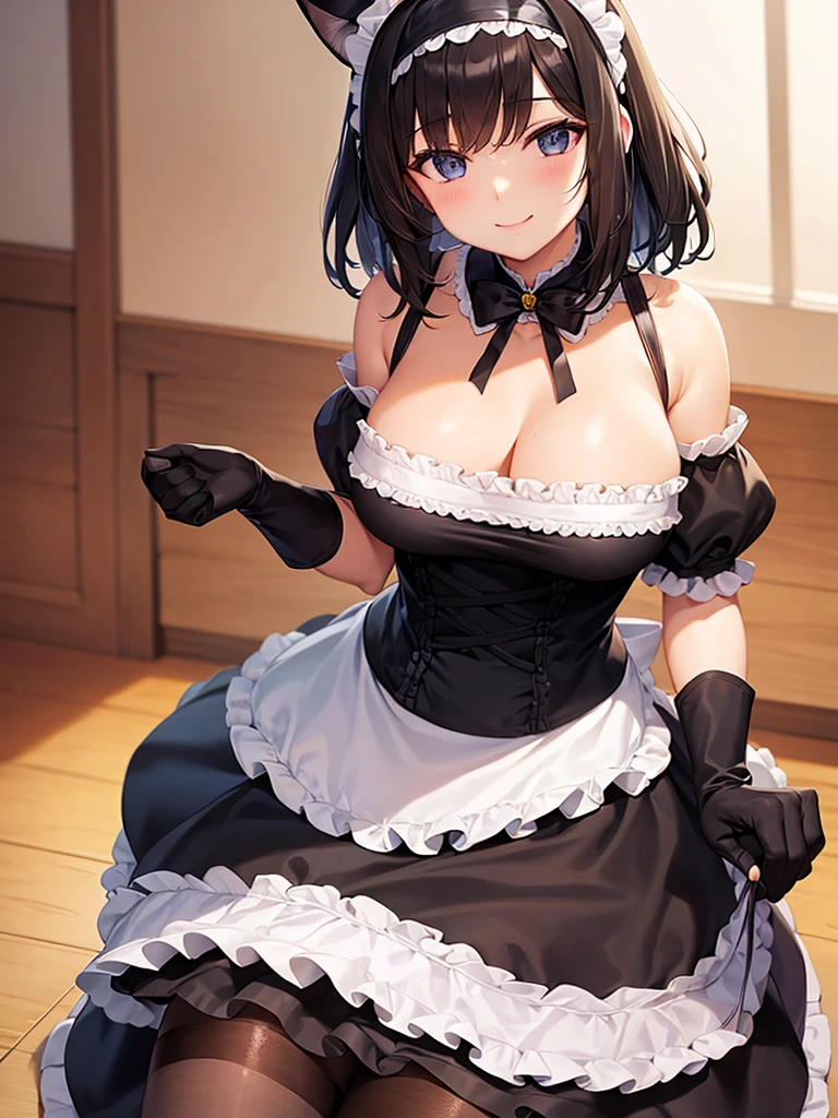 woman,Bob Hair,smile,Large Breasts,Maid clothes,Short sleeve,I can see the valley.Cute black gloves,Cat ears headband,Wear tights,Dark brown hair,Large Breasts,maid Cafe