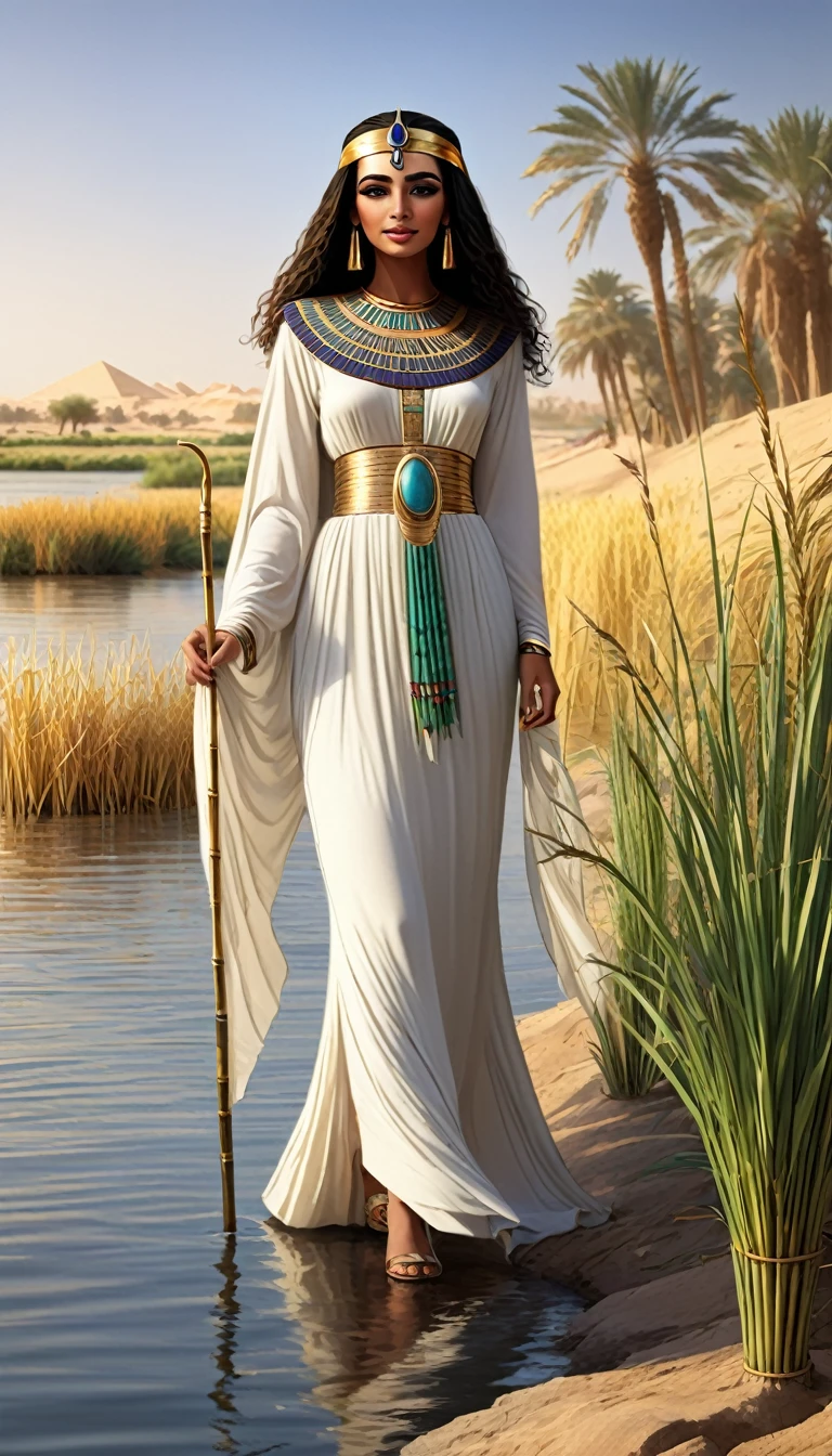 An Egyptian princess from anciant egypt, walking beside the Nile River, a modest long-sleeve dress, many reeds