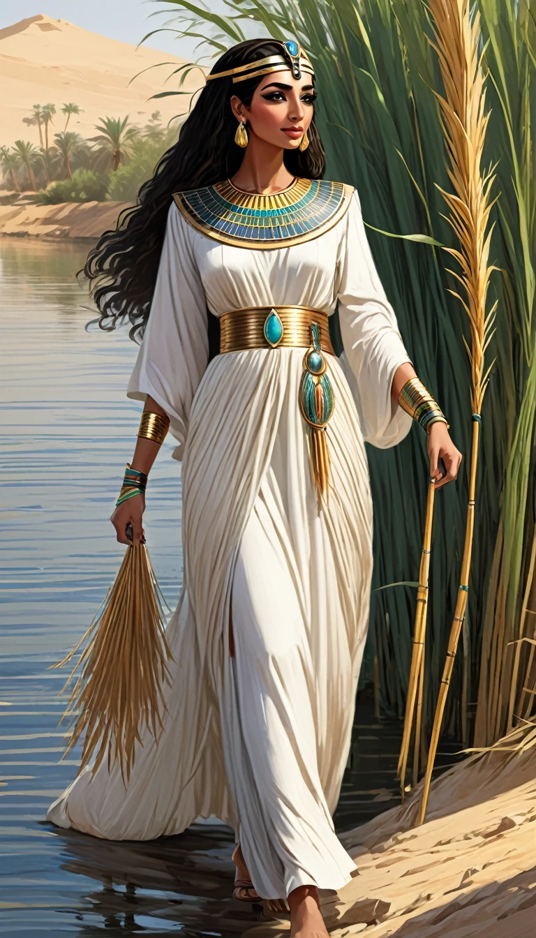 An Egyptian princess from anciant egypt, walking beside the Nile River, a modest long-sleeve dress, many reeds