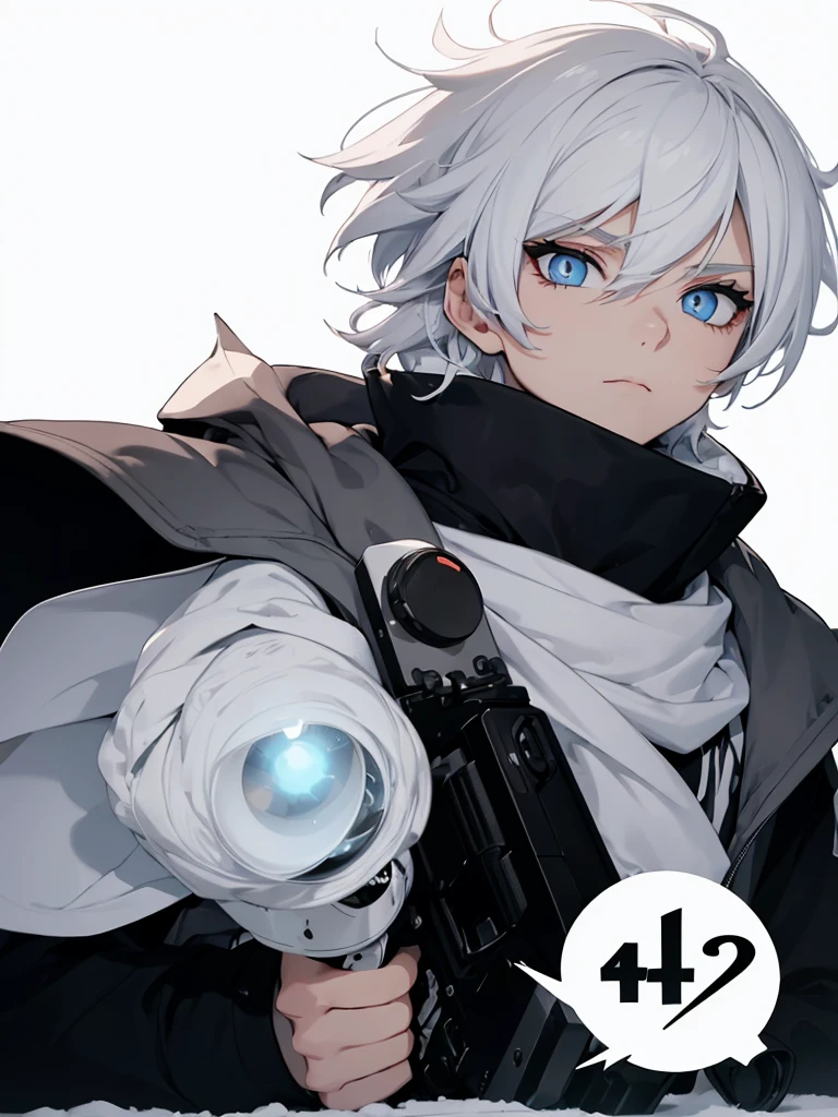 Boy with white hair;
shorth hair;
Messy hair;
eye white;
Some gun sight marks on the pupils;
wear black pants;
black jersey;
A white sweater;
A white scarf;
Snow white pupils The sniper is also white in color There&#39;s a white sniper on the back;


He is lying on the ground aiming with the sniper Right hands Symmetry Best quality No errors 

Sniper na mão 


((Faça ele segurar uma sniper branca simétrica sem erros e a mão segurando corretamente))


((Arma um pouco maior que o corpo))