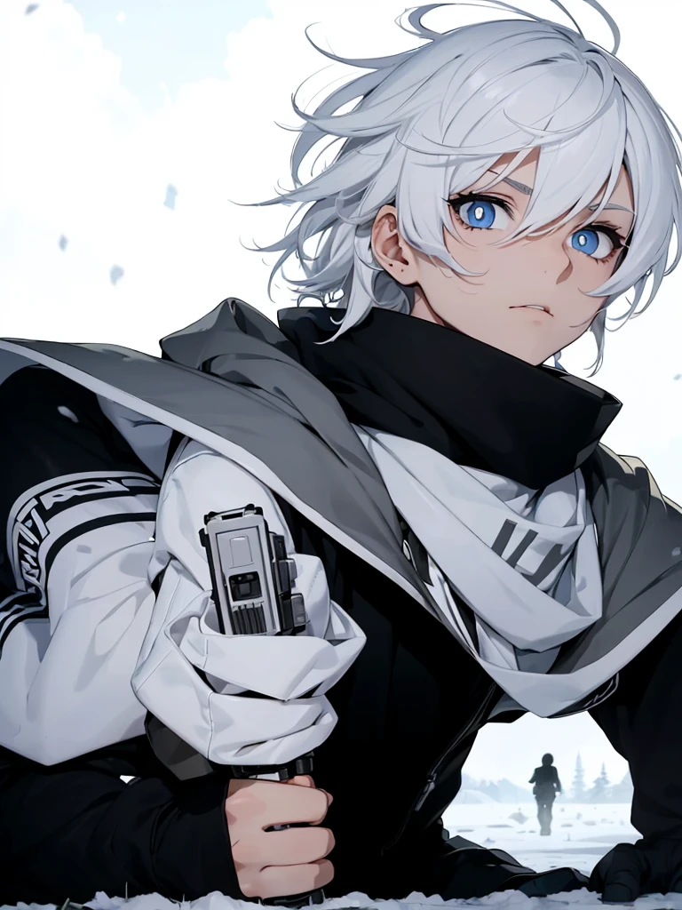 Boy with white hair;
shorth hair;
Messy hair;
eye white;
Some gun sight marks on the pupils;
wear black pants;
black jersey;
A white sweater;
A white scarf;
Snow white pupils The sniper is also white in color There's a white sniper on the back;
He is lying on the ground aiming with the sniper Right hands Symmetry Best quality No errors
Sniper na mão
((Faça ele segurar uma sniper branca simétrica sem erros e a mão segurando corretamente))
((Arma um pouco maior que o corpo))