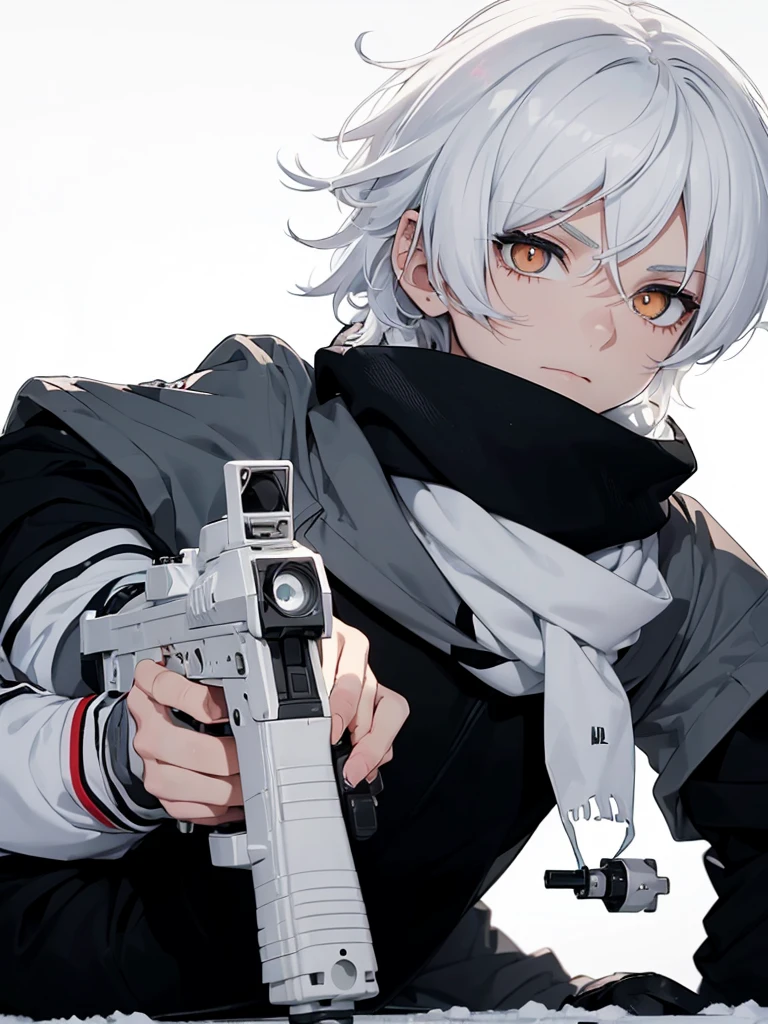 Boy with white hair;
shorth hair;
Messy hair;
eye white;
Some gun sight marks on the pupils;
wear black pants;
black jersey;
A white sweater;
A white scarf;
Snow white pupils The sniper is also white in color There&#39;s a white sniper on the back;


He is lying on the ground aiming with the sniper Right hands Symmetry Best quality No errors 

Sniper na mão 


((Faça ele segurar uma sniper branca simétrica sem erros e a mão segurando corretamente))


((Arma um pouco maior que o corpo))