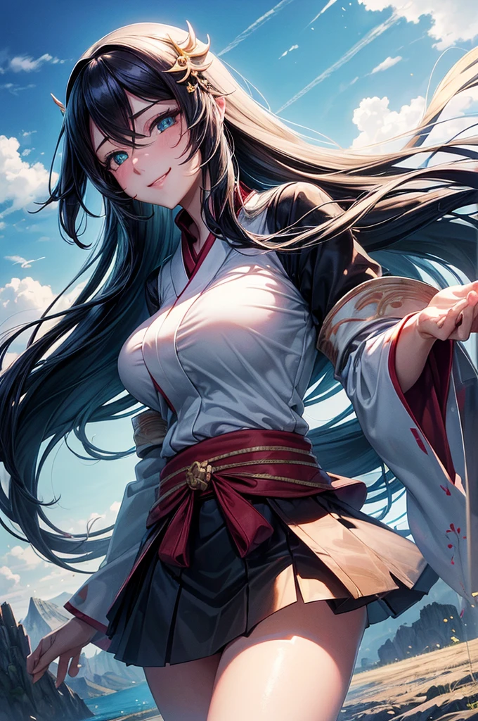 official art, masterpiece, sharp focus, (beautiful, gorgeous, Cute Japanese woman:1.3), (beautiful Cute Japanese woman:1.3), character Mitsuri Kanroji, demon cleaving blade, Delicate and beautiful hair, realistic, ultra detailed, Beautiful girl, blue sky, luminous white particle, (Side lighting:1.2), Sun Ray, White Cloud, detailed clouds, slim, Lovely extra-large breasts and extra-large hips, smile with teeth, ((Smile with eyes, open both eyes)), landscape, long straight hair, sexy facial expression, building, (Городской landscape:1.7), Dynamic hair, long straight hair, detailed green and pink hair, Glowing green eyes, (black open shirt + black skirt), pink long stockings, pale skin, hair ornament, epic landscape, naked, wet, sperm flows, anime style, полностью naked