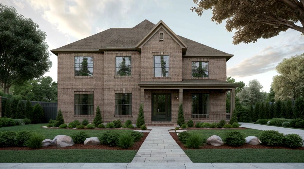 Create a realistic image of a traditional American building from a SketchUp-style sketch. The building should have classic brick walls with the lower part made of precast stone that matches the color of the brick. The architecture should reflect traditional American design elements, including symmetrical windows, a gabled roof, and a welcoming front porch. The scene should be set in a suburban environment with a neatly landscaped front yard, including green lawns and some trees. Ensure the overall style is realistic, capturing the textures of the brick and stone materials.
