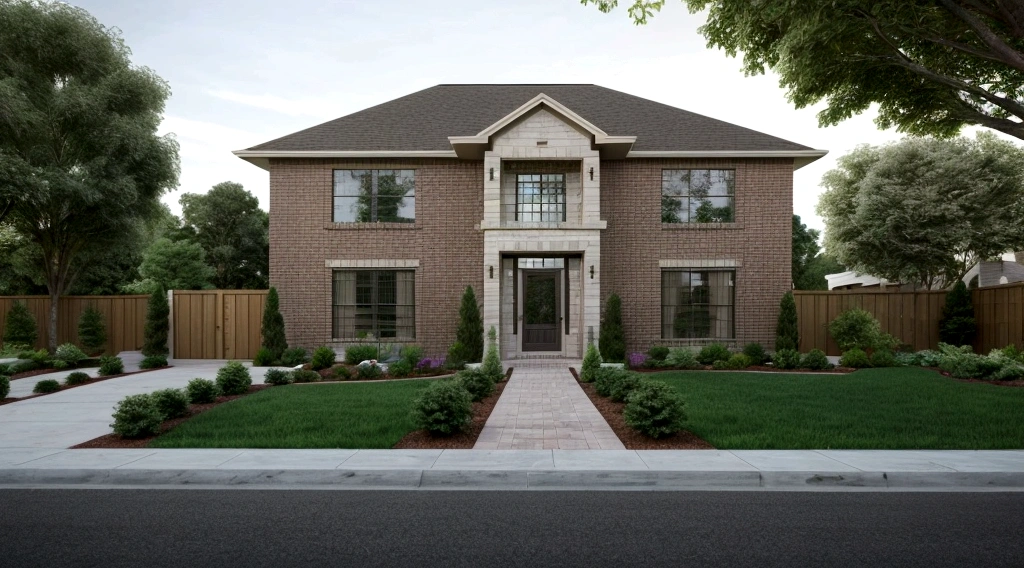 Create a realistic image of a traditional American building from a SketchUp-style sketch. The building should have classic brick walls with the lower part made of precast stone that matches the color of the brick. The architecture should reflect traditional American design elements, including symmetrical windows, a gabled roof, and a welcoming front porch. The scene should be set in a suburban environment with a neatly landscaped front yard, including green lawns and some trees. Ensure the overall style is realistic, capturing the textures of the brick and stone materials.