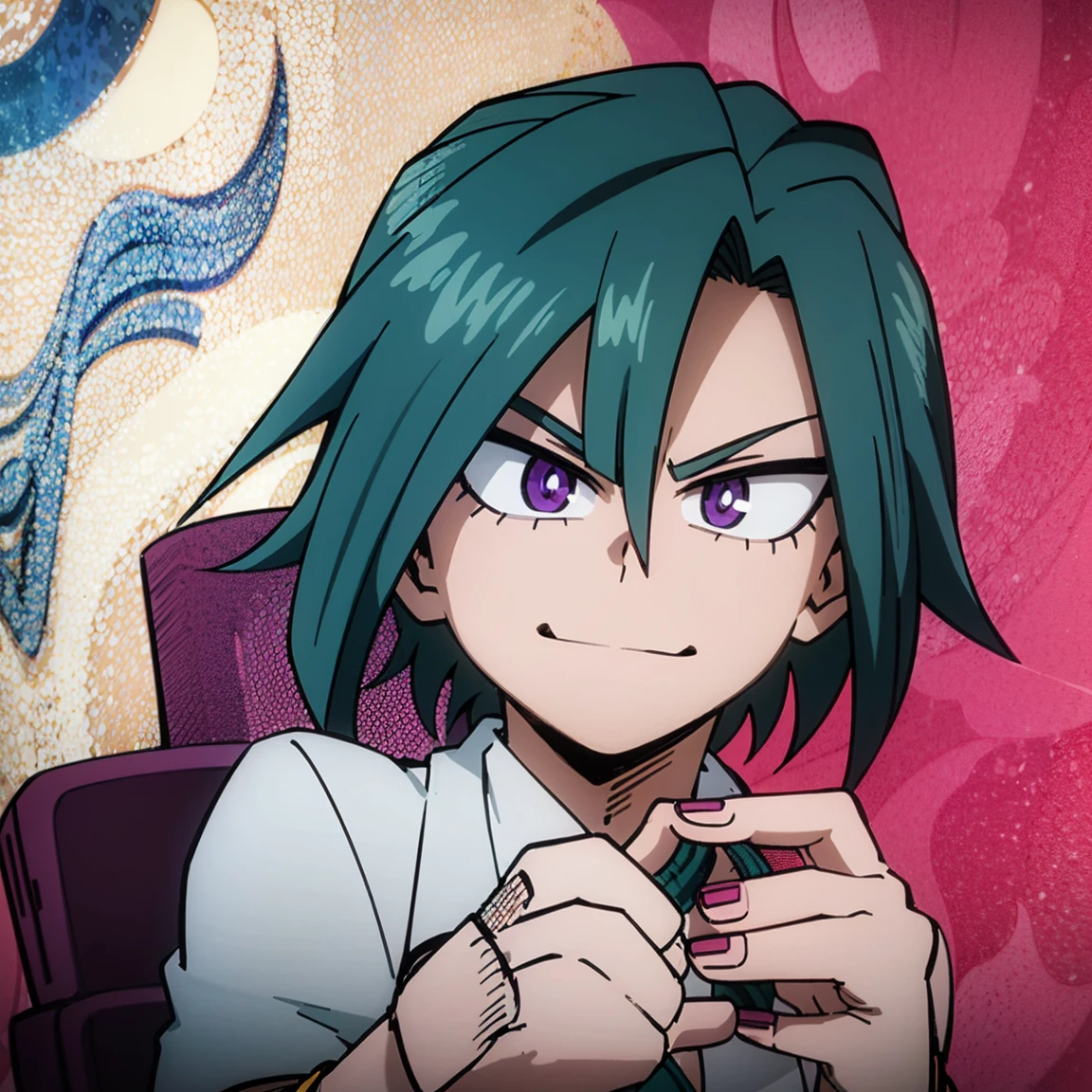 1boy, male focus, solo, muscular body, short hair, straight hair, purple hair, teal streaks, amethyst eyes, smirk, gray jacket, red tie, white shirt, teal pants, mlpadagio, MHA Style, Manhwa style, anime style, perfect eyes, perfect face, model face, boy