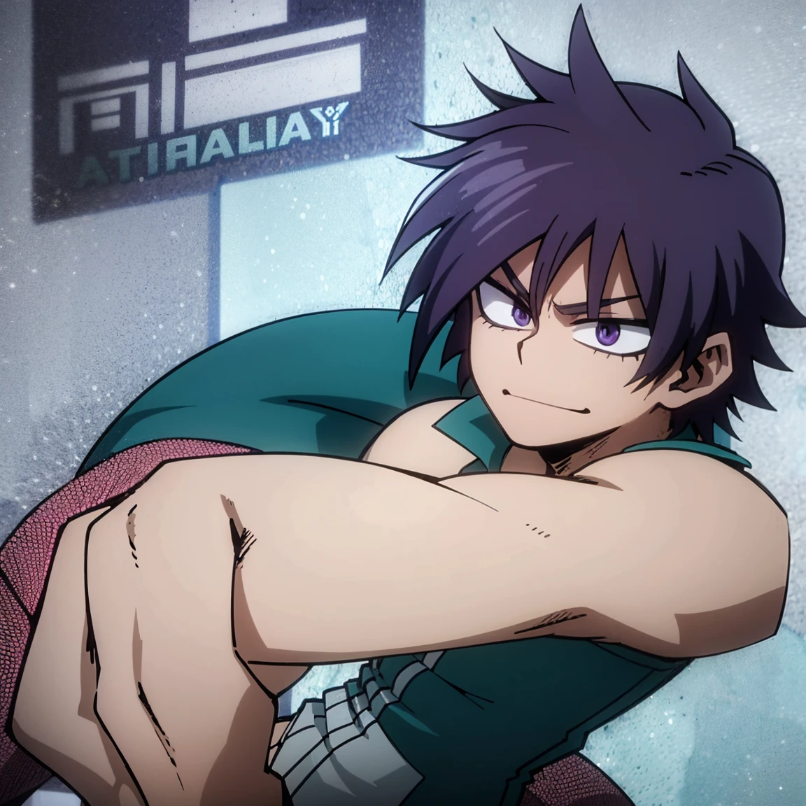 1boy, male focus, solo, muscular body, short hair, straight hair, purple hair, teal streaks, amethyst eyes, smirk, gray jacket, red tie, white shirt, teal pants, mlpadagio, MHA Style, Manhwa style, anime style, perfect eyes, perfect face, model face, boy
