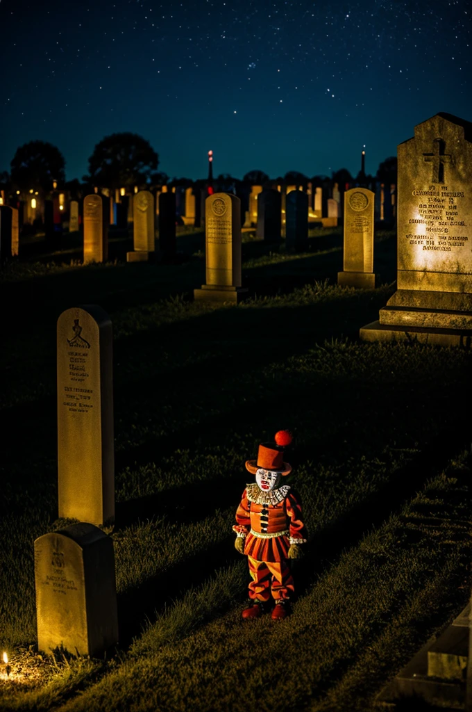 Angry clown standing in an old cemetery at night