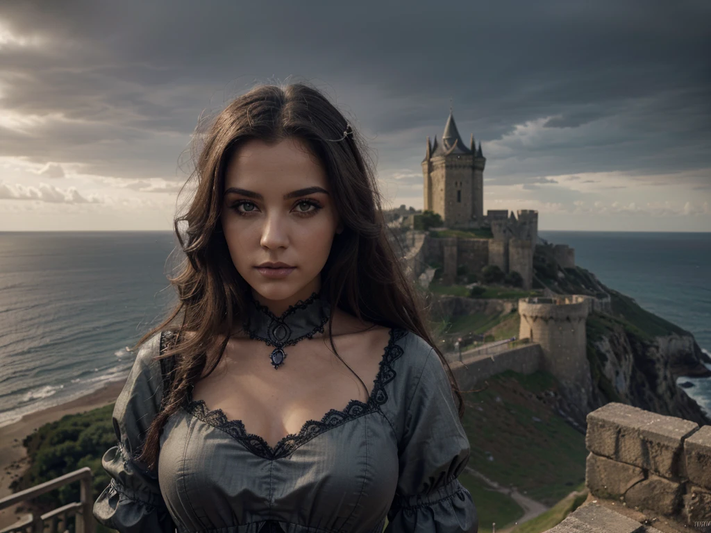 A medieval castle on a cliff overlooking the sea, 1 girl in a long dress standing on the castle walls, dramatic cloudy sky, detailed architecture, (best quality,4k,8k,highres,masterpiece:1.2),ultra-detailed,(realistic,photorealistic,photo-realistic:1.37),castle on a cliff,dramatic lighting,moody atmosphere,medieval architecture,beautiful detailed eyes,beautiful detailed lips,extremely detailed eyes and face,longeyelashes,medieval fantasy,gothic