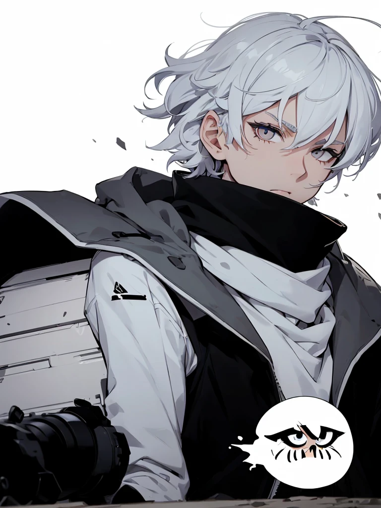 Boy with white hair;
shorth hair;
Messy hair;
eye white;
Some gun sight marks on the pupils;
wear black pants;
black jersey;
A white sweater;
A white scarf;
Snow white pupils The sniper is also white in color There's a white sniper on the back;
He is lying on the ground aiming with the sniper Right hands Symmetry Best quality No errors
Sniper na mão
((Faça ele segurar uma sniper branca simétrica sem erros e a mão segurando corretamente))
((Arma um pouco maior que o corpo))