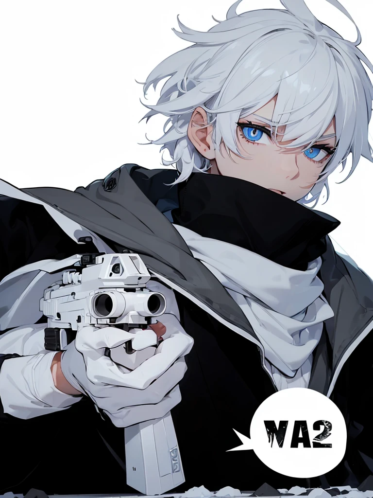 Boy with white hair;
shorth hair;
Messy hair;
eye white;
Some gun sight marks on the pupils;
wear black pants;
black jersey;
A white sweater;
A white scarf;
Snow white pupils The sniper is also white in color There's a white sniper on the back;
He is lying on the ground aiming with the sniper Right hands Symmetry Best quality No errors
Sniper na mão
((Faça ele segurar uma sniper branca simétrica sem erros e a mão segurando corretamente))
((Arma um pouco maior que o corpo))
