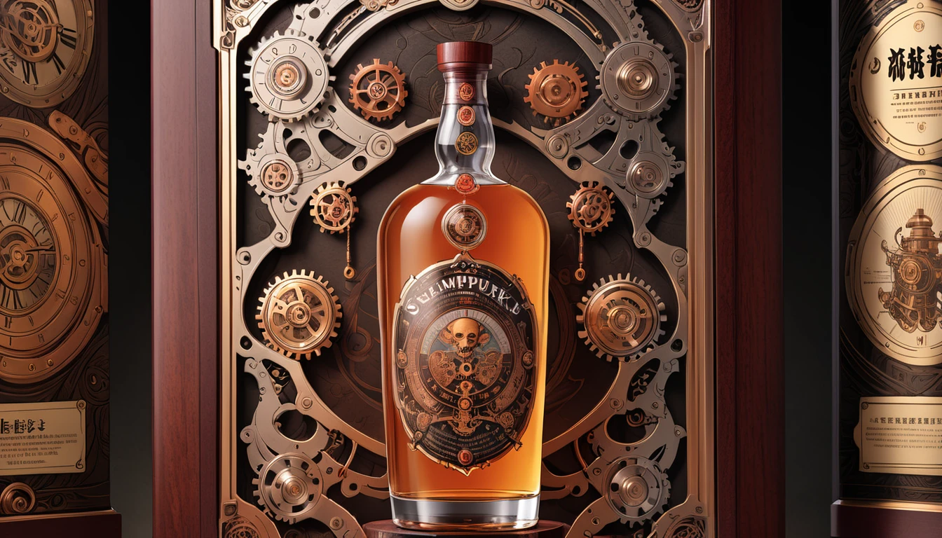 masterpiece, best quality, very aesthetic, illustrated advertising of steampunk whiskey, china, intricate details