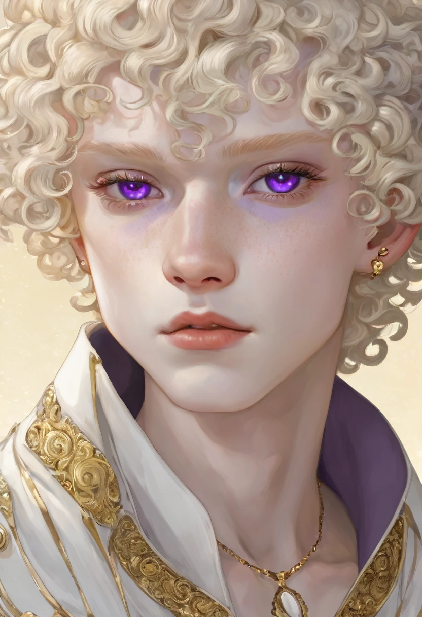 Boy , blonde short curly hair , gray and purple eyes, albinos , pale skin , white clothes, gold accessories