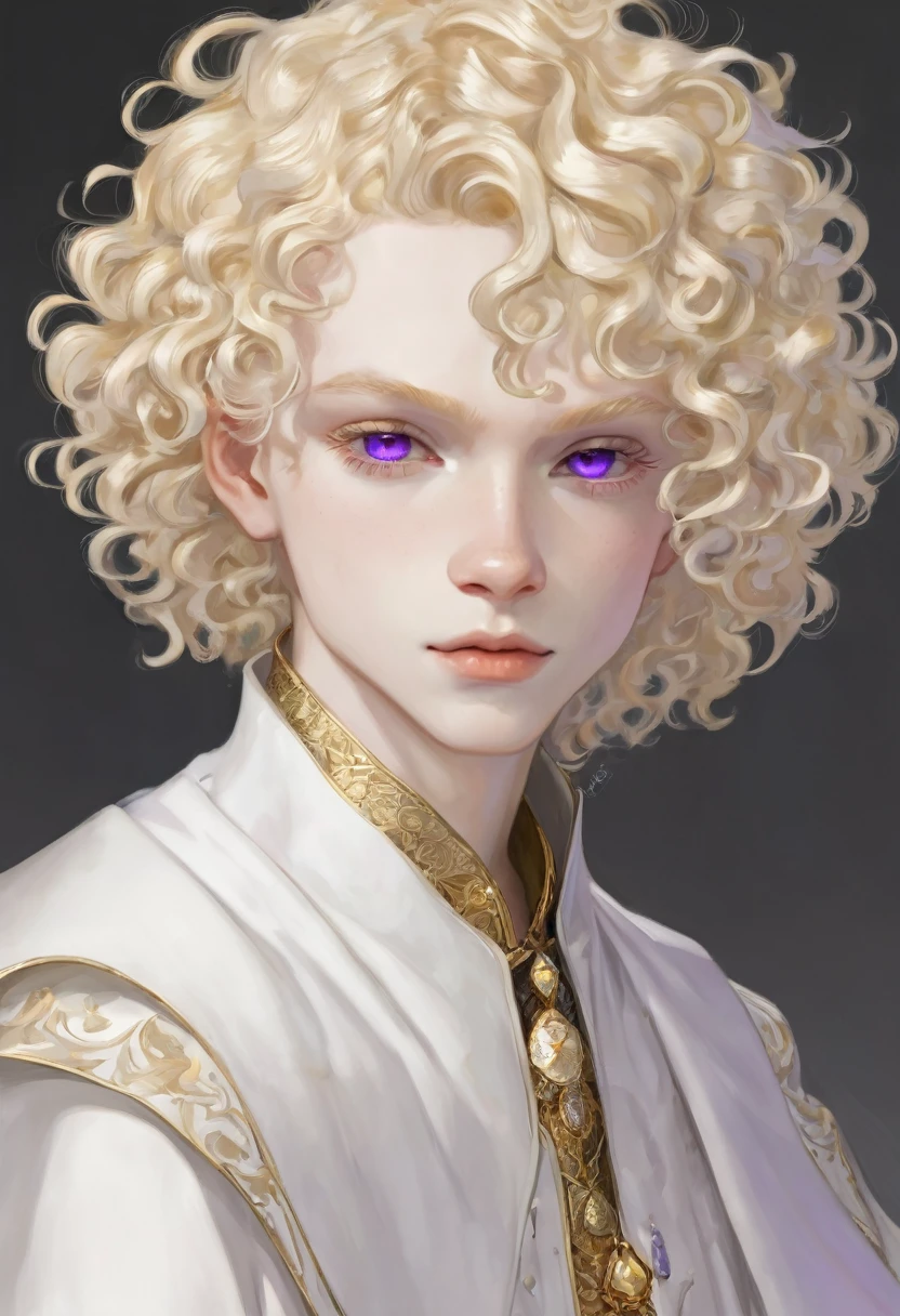 Boy , blonde short curly hair , gray and purple eyes, albinos , pale skin , white clothes, gold accessories