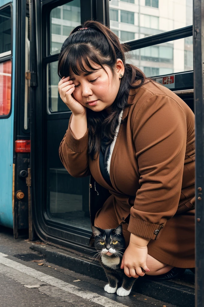Chubby Cat Crying Near Broken Bus