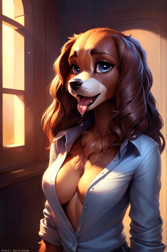 uploaded on e621, by Pixelsketcher, by Bayard Wu, by Thomas Benjamin Kennington , by Einshelm, solo anthro, ((face portrait)), BREAK, ((mouth open tongue out, saliva dripping)), ((wear unbuttoned shirt)), (detailed Bonifasko lighting), (detailed fur), (detailed skin), BREAK, ((mouth open tongue out, saliva dripping)), ((wear unbuttoned shirt)), (( wavy hair)), ((facing viewer )), (cinematic lighting), ((detailed background)), ((face view)), (((portrait view))), (half shadow), [backlighting], [crepuscular ray], [detailed ambient light], [gray natural lighting], [ambient light], (higher wildlife feral detail), [explict content], [sharp focus], (questionable content), (shaded), ((masterpiece), wavy hair, big hips, medium featureless breasts, breasts, furry Cocker Spaniel, Cocker Spaniel face, Furry Fantasy Art, Anthro Art, Commission for High Res, Furry Art, furry Art,Sakimichan beautiful, masterpiece, medium featureless breasts, best quality, detailed image, bright colors, detailed face, perfect lighting, perfect shadows, perfect eyes, girl focus, white wolf eyes, flawless face, big featureless breasts, gorgeous, shiny face, face focus, Cocker Spaniel ears, Cocker Spaniel girl, fluffy, fluffy woman, face fur, animal nose, muzzle, two-tone fur, gaze at the viewer, half-closed eyes, 1girl, solo, full face only, (masterpiece), (best quality), (illustration), (cinematic lighting), wavy hair, detailed fur, balanced coloring, global illumination, ray tracing, good lighting, Cocker Spaniel, furry, anthro, showing featureless breasts, cleavage, attractive face, sexy face, looking at viewer, seductive look, SFW