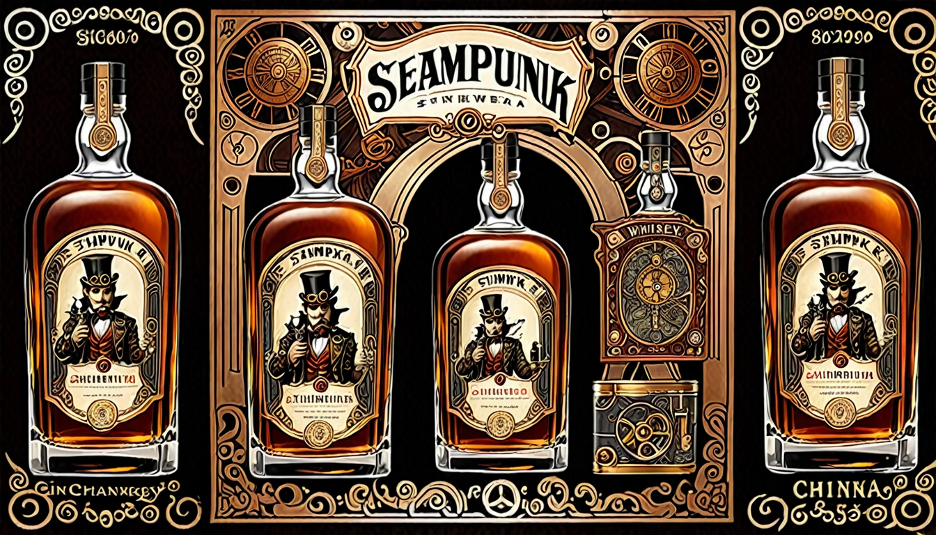 masterpiece, best quality, very aesthetic, illustrated advertising of steampunk whiskey, china, intricate details