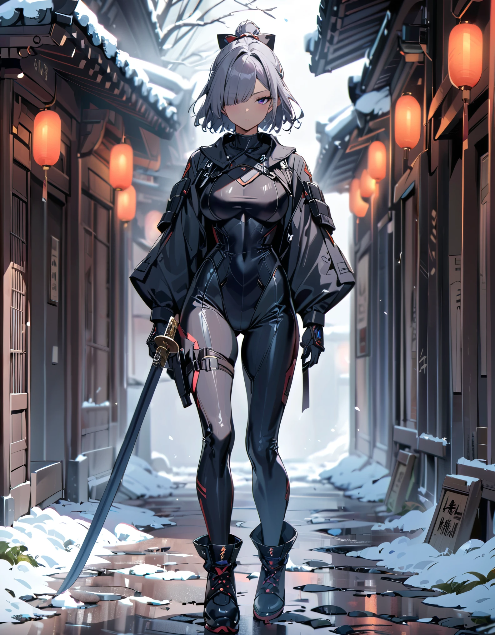 masterpiece, highly detailed, best quality, high quality, 1girl, (solo, solo focus), purple eyes, beautiful detailed eyes, beautiful detailed face, perfect hands, complete fingers, perfect anatomy, perfect proportions, (short hair, bob hair, ponytail hair, grey hair), (hair over one eye:1.3), (using weapon, katana), detailed shadows, detailed light, (black skintight bodysuit, (black leotard), shoulder holster), (full black pantyhose, skintight black leggings), matching boots. full body, serious, cowboy shot, snowy alleyway backdrop. full body costume design.