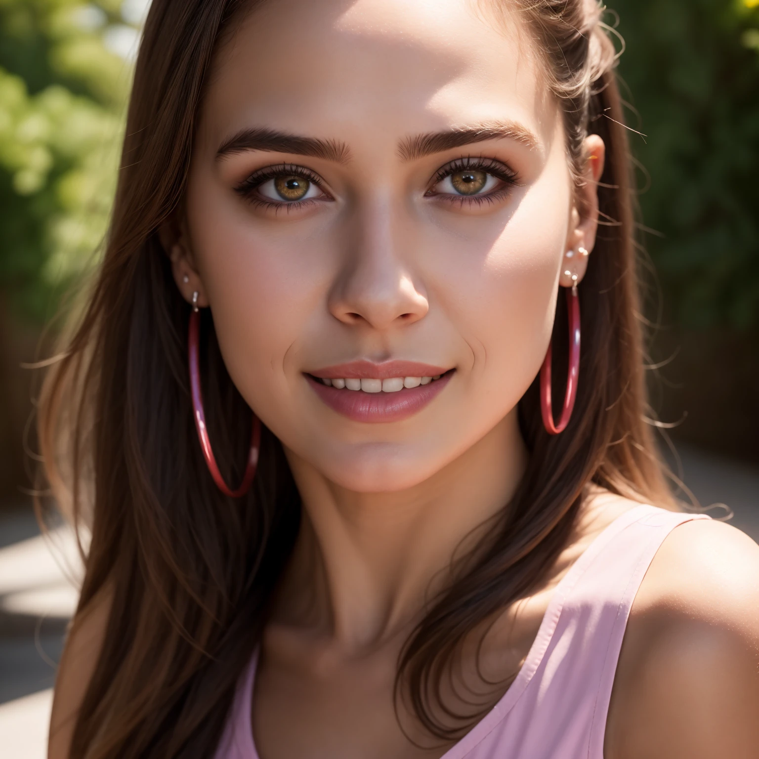 1girl 25 years old, rather large tits with puffy nipples, wearing a tight-fitting light pink blouse, wearing large hoop earrings in both ears, blonde hair, big hair, cone hair bun, wide eyes, sparkling eyes, heterochromia, makeup, seductive smile, Hyperrealism, vignetting, Sony FE GM, f/4.0, bokeh, close-up, masterpiece, anatomically correct, super detail, best quality, highres
