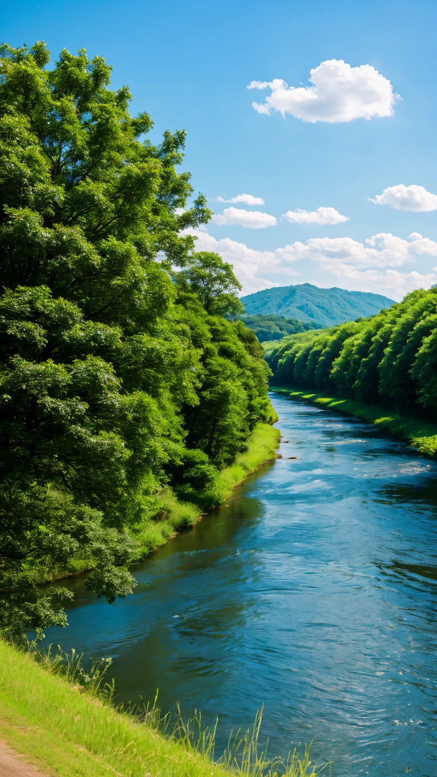 river、countryside、blue sky、Style