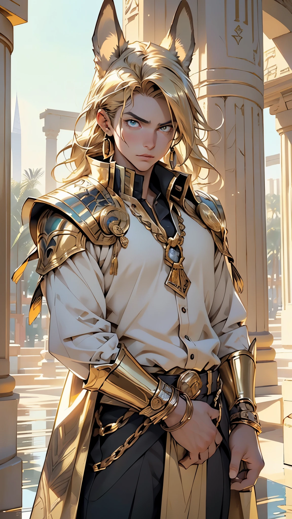 (male) of ancient Egypt,Egyptian,((((1male,1 male, 1man, 1 man:1.5,man,male,male gender:1.5)))),macho man,
((((anubis ears:1.1,anubis girl:1.1,anubis)))),(((eyes golden:1.3))),intricate eyes,beautiful detailed eyes,symmetrical eyes,(ultra-detailed eyes:1.1,symmetrical eyes:1),man chest,muscle chest,muscle,muscular,((golden hair:1.5)),
opulent,sumptuous,
jewelry,((anubis, egyptian jackal headed god, anthro)),(holding golden scales),golden armor:0.25,black & gold cape,arabic pants,((bulge in pants)),((intricate outfit)),
dynamic pose,looking at viewer,angry ,centered,scale to fit dimensions,Rule of thirds,
outdoors,pillars,((pillars background,egyptian palace,egyptian palace background,pyramids in the background)),scenery,extremely scenery,(puddles everywhere,moss,moss on the background),sunset, golden hour),
(Glossy Egyptian ornaments),highres,sharp focus,(ultra detailed,extremely detailed),(photorealistic artwork:1.37),(extremely detailed CG unity 8k wallpaper),(((vibrant colors,vibrant theme))),(intricate),(masterpiece),(best quality),artistic photography,(photography taken by sldr),(intricate background),perfect rendered face,perfect face details,realistic face,photo realistic,((intricate detail)),(((realism))),