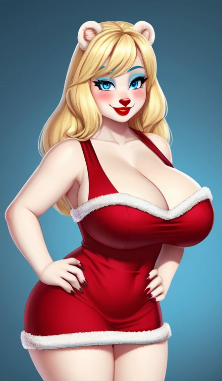 Blonde polar bear woman, wearing a Santa dress, perfect face, blue eyes, blue eyeshadow, big breasts, cleavage, three-quarter view, solo, smile, perfect detailed body, red lipstick, midriff, hands on hips, blushing