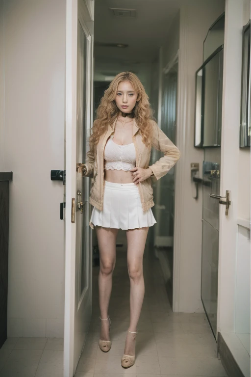 1 Girl, Perfect body,Large Breasts, Blonde hair, Long hair, curls, Delicate eyes, Stand in a public toilet,Urinal pools, rebellious,jacket, Collar, Vest, Semi-transparent skirt,Slender long legs,High heel,Perfect hands