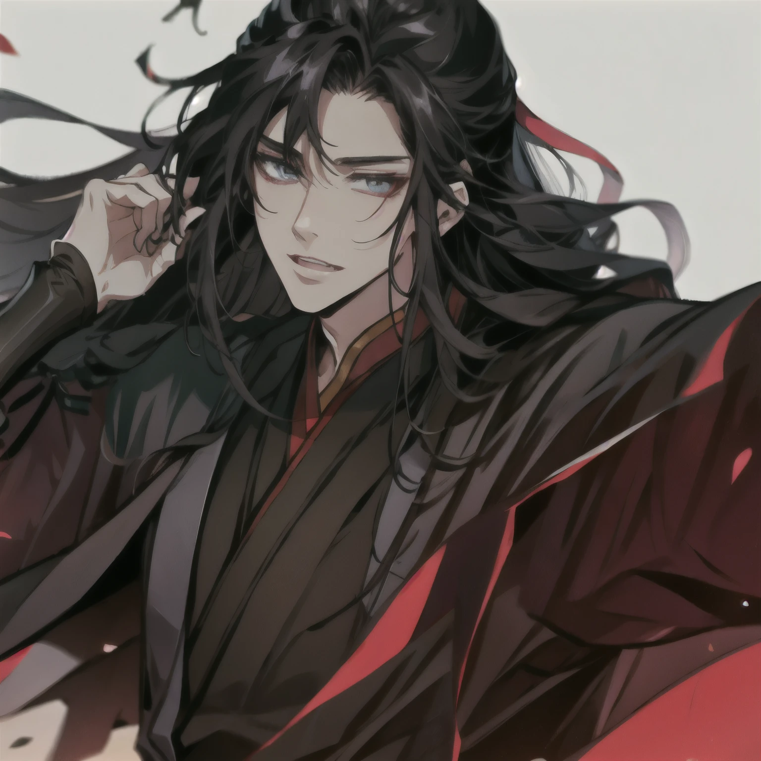 (masterpiece, best quality:1.2), 1male, solo, wei wuxian, mo dao zu shi, mdzs, black clothes, grey eyes, long black hair, perfect anatomy. happy