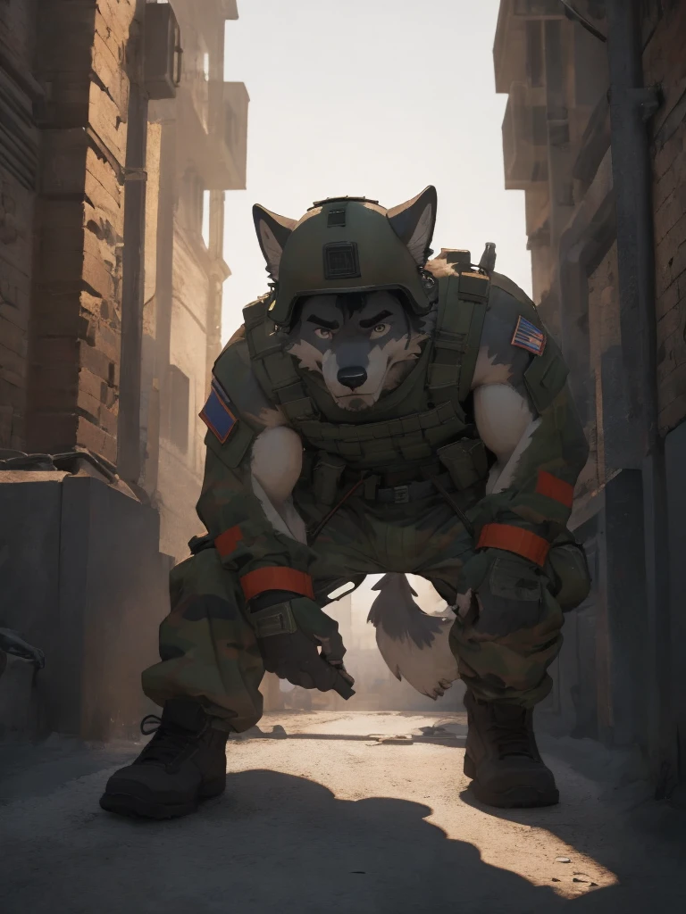 Male, male focus, Wolf, black fur, white fur, short hair, black hair, red heart stripes on his hair, 20 years old, tank, military helmet, armored military uniform, dramatic effect, dramatic light, shadow, shade, higlight, high quality, high details, High detailed image, high quality image, Very detailed shadows, high detail shadows, night