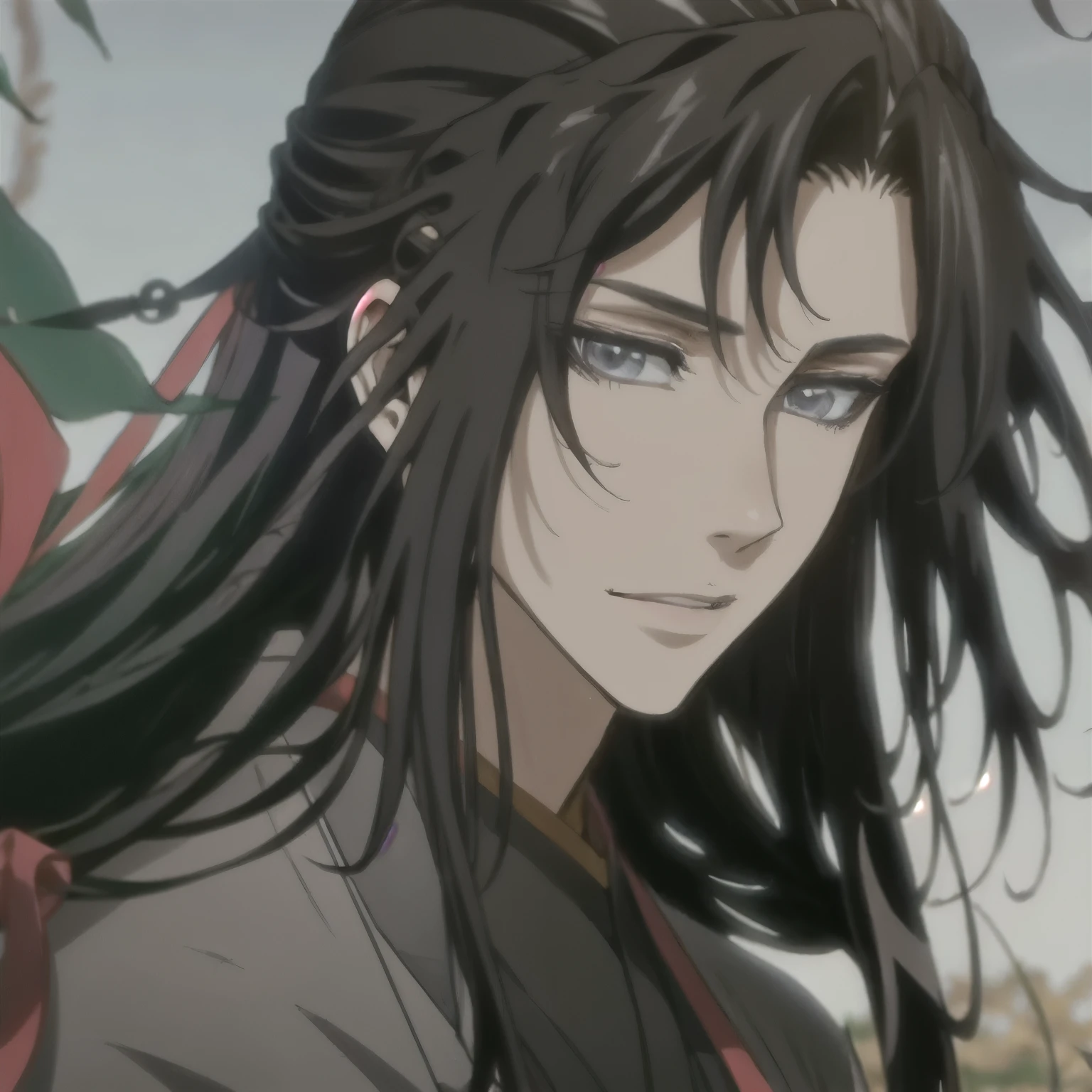 (masterpiece, best quality:1.2), 1male, solo, wei wuxian, mo dao zu shi, mdzs, black clothes, grey eyes, long black hair, perfect anatomy. happy