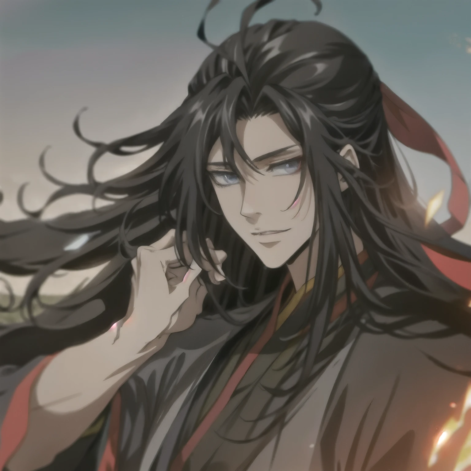 (masterpiece, best quality:1.2), 1male, solo, wei wuxian, mo dao zu shi, mdzs, black clothes, grey eyes, long black hair, perfect anatomy. happy